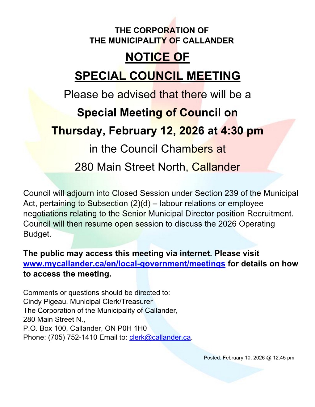 Notice of Special Council Meeting - Thursday, February 12, 2026 at 4:30pm